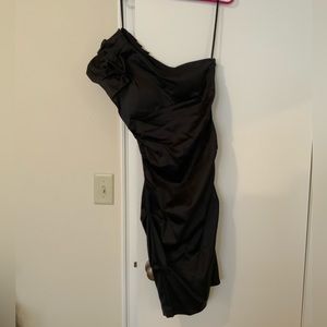 One Shoulder Sleek Black Caché Prom Dress with Rouched Ruffle Shoulder Detail